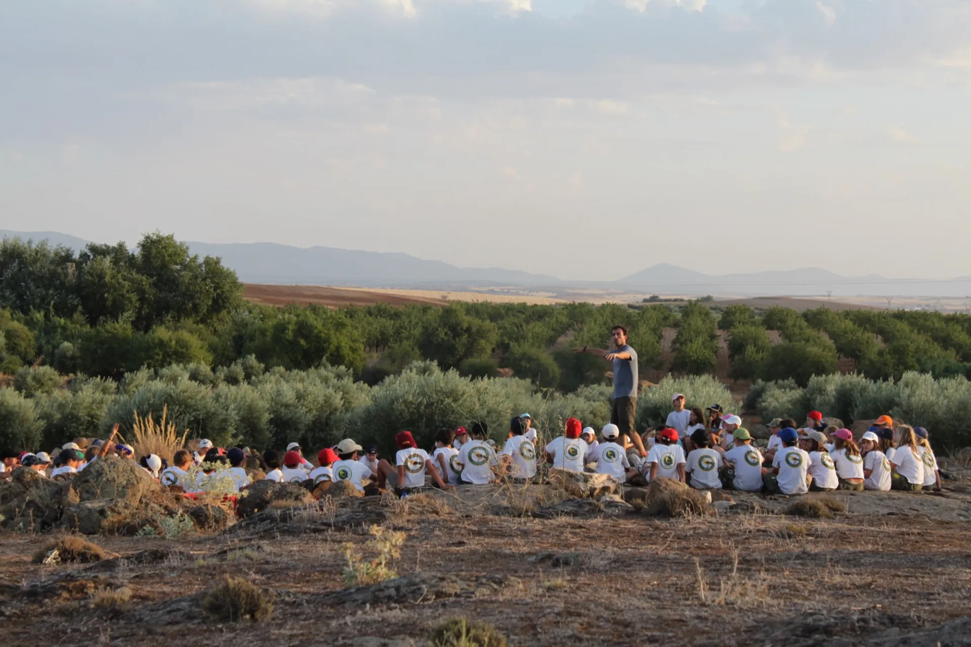 A group of children sitting in a field, seen from behind, listening to a counsellor at sunset, with the olive groves and the plains of Toledo in the background.