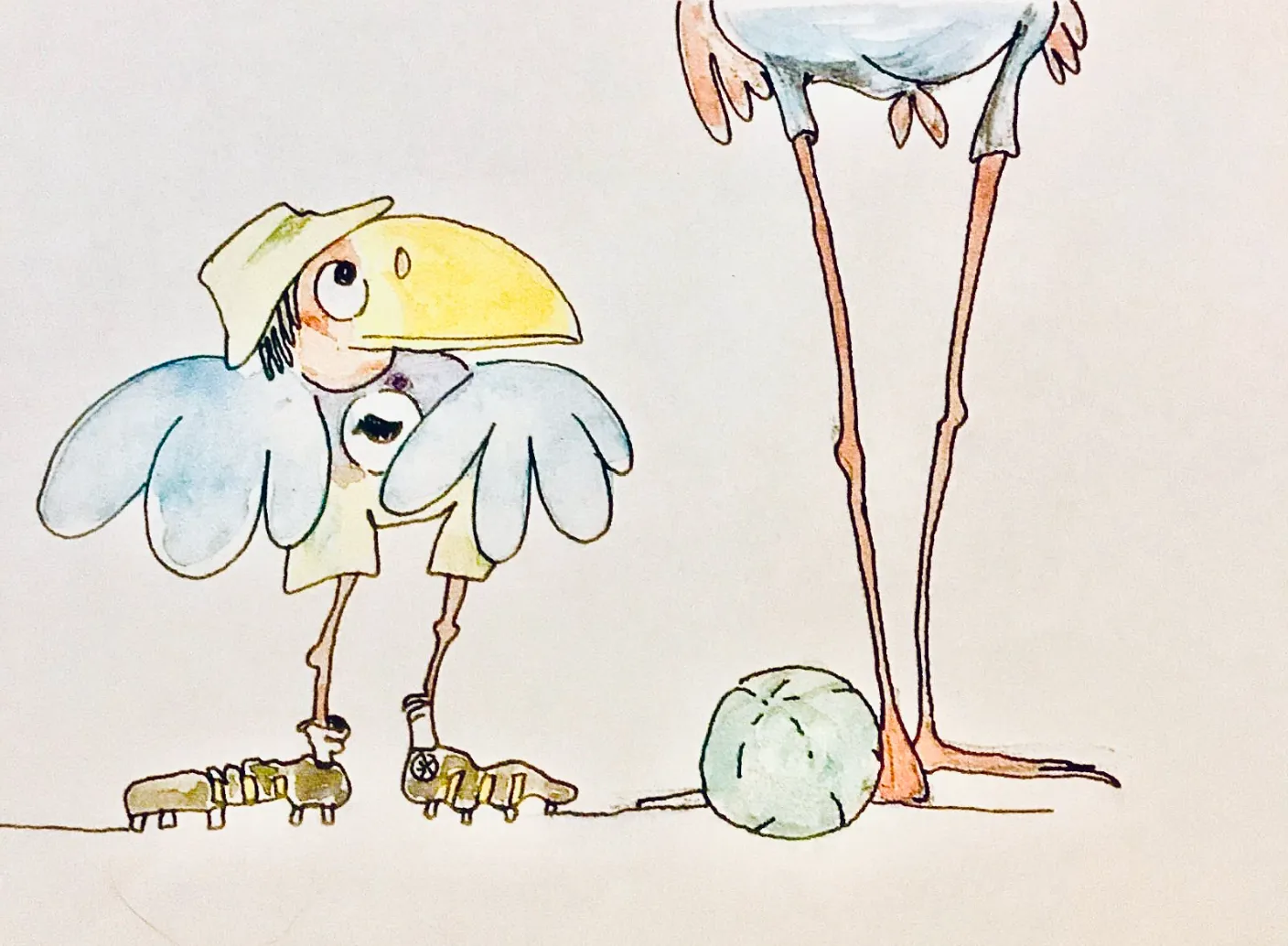 Dibujo de Carmen Oriol: dos pájaros y un balón